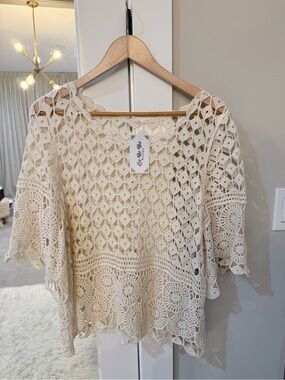 Crochet Lace Boho Top in Ivory Size Large